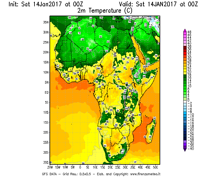 Mappa di analisi GFS - Temperatura a 2 metri dal suolo [°C] in Africa
							del 14/01/2017 00 <!--googleoff: index-->UTC<!--googleon: index-->