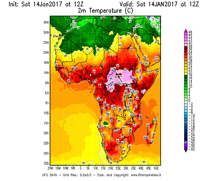 Mappa di analisi GFS - Temperatura a 2 metri dal suolo [°C] in Africa
							del 14/01/2017 12 <!--googleoff: index-->UTC<!--googleon: index-->