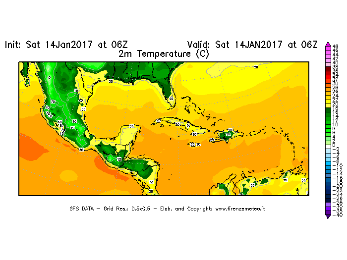 Mappa di analisi GFS - Temperatura a 2 metri dal suolo [°C] in Centro-America
									del 14/01/2017 06 <!--googleoff: index-->UTC<!--googleon: index-->