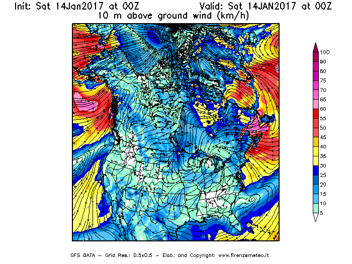 Mappa di analisi GFS - Velocità del vento a 10 metri dal suolo [km/h] in Nord-America
							del 14/01/2017 00 <!--googleoff: index-->UTC<!--googleon: index-->