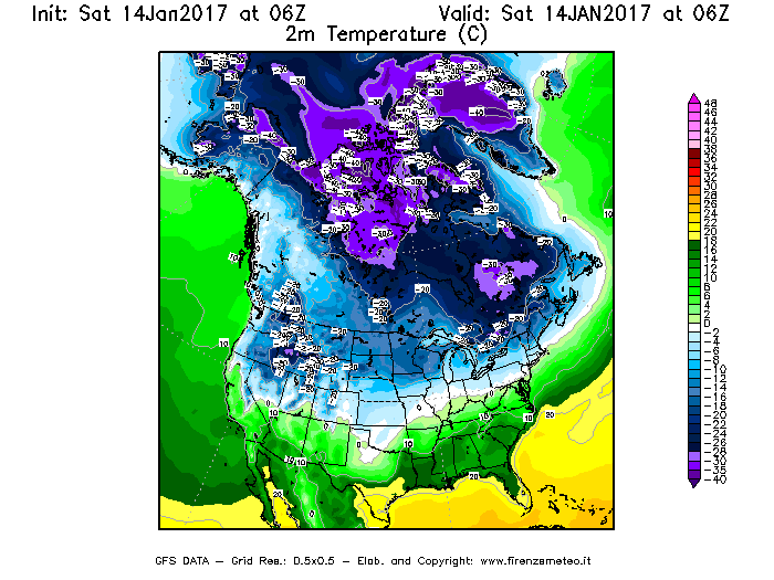 Mappa di analisi GFS - Temperatura a 2 metri dal suolo [°C] in Nord-America
									del 14/01/2017 06 <!--googleoff: index-->UTC<!--googleon: index-->