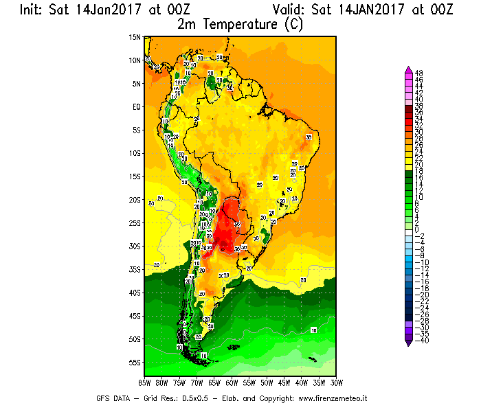 Mappa di analisi GFS - Temperatura a 2 metri dal suolo [°C] in Sud-America
							del 14/01/2017 00 <!--googleoff: index-->UTC<!--googleon: index-->