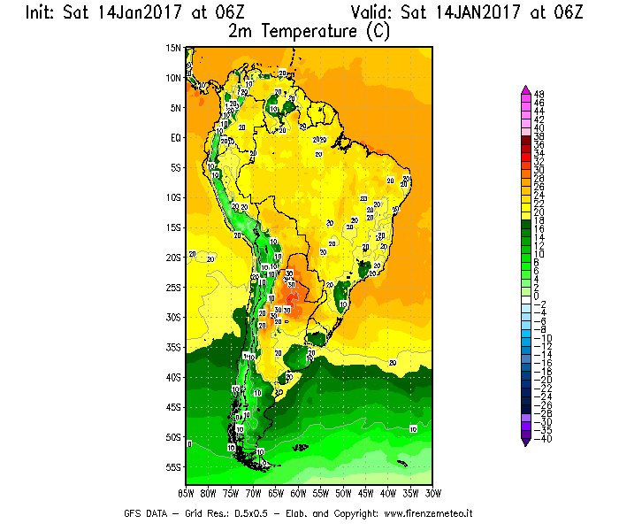 Mappa di analisi GFS - Temperatura a 2 metri dal suolo [°C] in Sud-America
							del 14/01/2017 06 <!--googleoff: index-->UTC<!--googleon: index-->