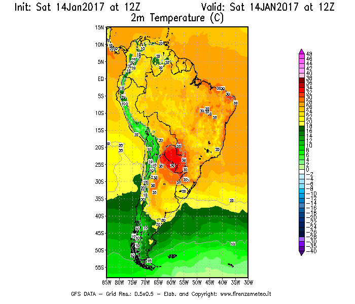 Mappa di analisi GFS - Temperatura a 2 metri dal suolo [°C] in Sud-America
									del 14/01/2017 12 <!--googleoff: index-->UTC<!--googleon: index-->