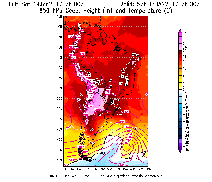 Mappa di analisi GFS - Geopotenziale [m] e Temperatura [°C] a 850 hPa in Sud-America
							del 14/01/2017 00 <!--googleoff: index-->UTC<!--googleon: index-->