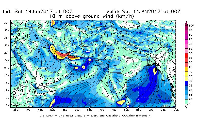 Mappa di analisi GFS - Velocità del vento a 10 metri dal suolo [km/h] in Asia Sud-Occidentale
							del 14/01/2017 00 <!--googleoff: index-->UTC<!--googleon: index-->