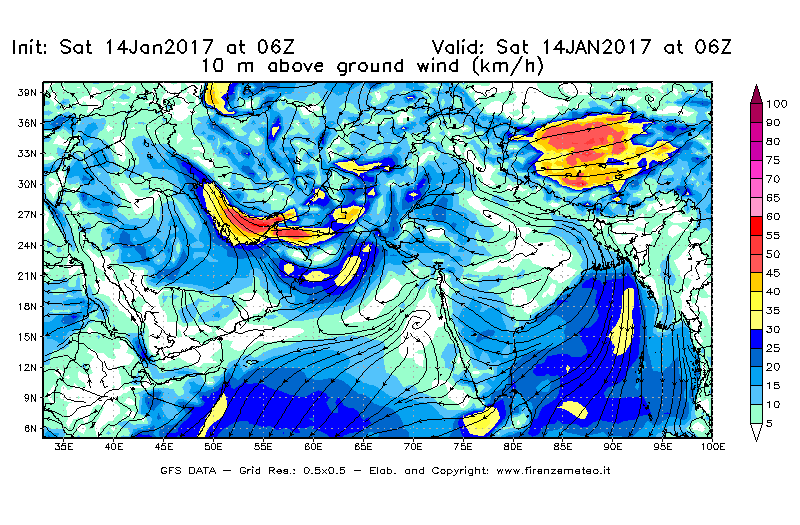 Mappa di analisi GFS - Velocità del vento a 10 metri dal suolo [km/h] in Asia Sud-Occidentale
							del 14/01/2017 06 <!--googleoff: index-->UTC<!--googleon: index-->