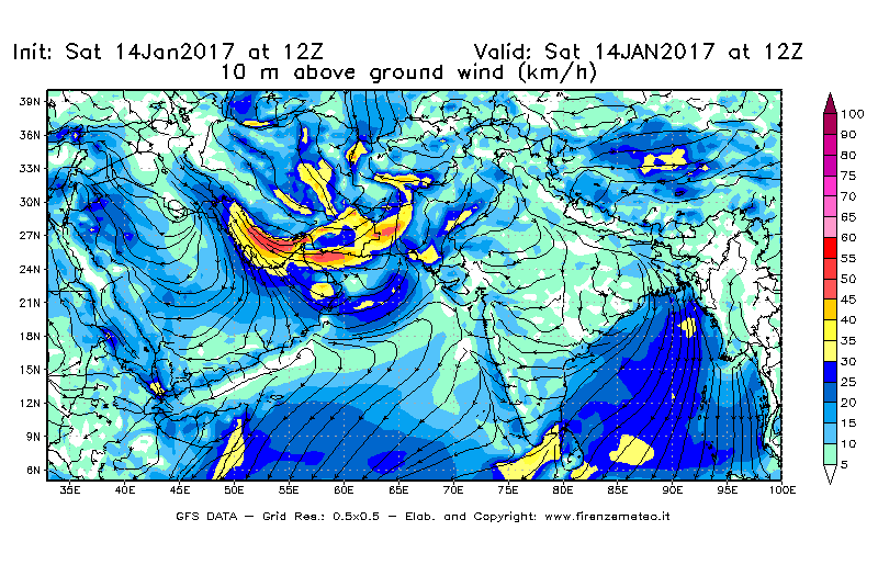 Mappa di analisi GFS - Velocità del vento a 10 metri dal suolo [km/h] in Asia Sud-Occidentale
							del 14/01/2017 12 <!--googleoff: index-->UTC<!--googleon: index-->