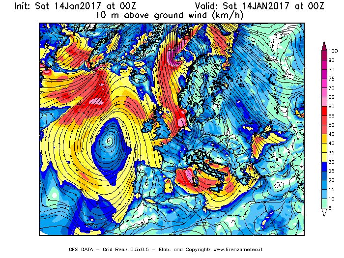 Mappa di analisi GFS - Velocità del vento a 10 metri dal suolo [km/h] in Europa
							del 14/01/2017 00 <!--googleoff: index-->UTC<!--googleon: index-->