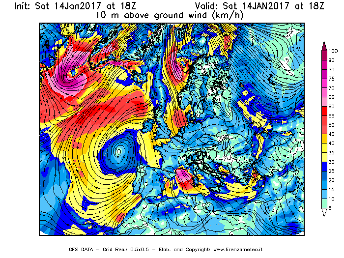 Mappa di analisi GFS - Velocità del vento a 10 metri dal suolo [km/h] in Europa
									del 14/01/2017 18 <!--googleoff: index-->UTC<!--googleon: index-->