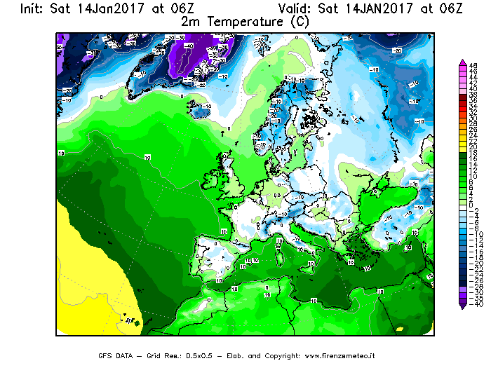 Mappa di analisi GFS - Temperatura a 2 metri dal suolo [°C] in Europa
							del 14/01/2017 06 <!--googleoff: index-->UTC<!--googleon: index-->