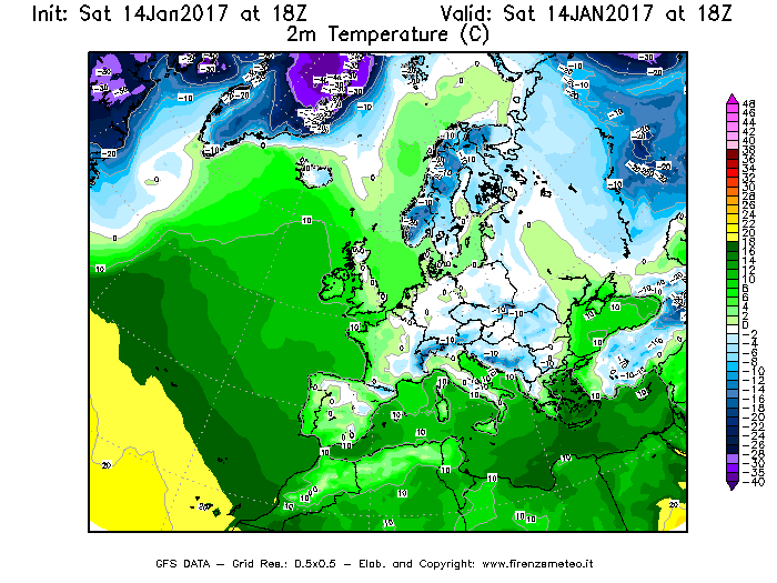 Mappa di analisi GFS - Temperatura a 2 metri dal suolo [°C] in Europa
									del 14/01/2017 18 <!--googleoff: index-->UTC<!--googleon: index-->