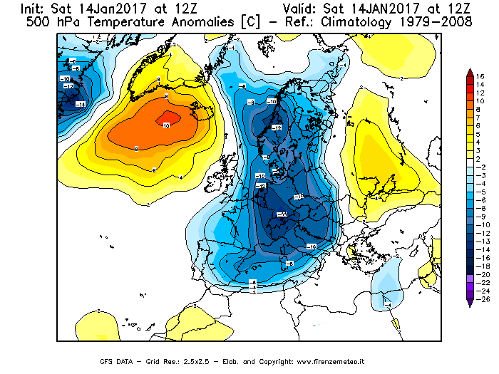 Mappa di analisi GFS - Anomalia Temperatura [°C] a 500 hPa in Europa
							del 14/01/2017 12 <!--googleoff: index-->UTC<!--googleon: index-->