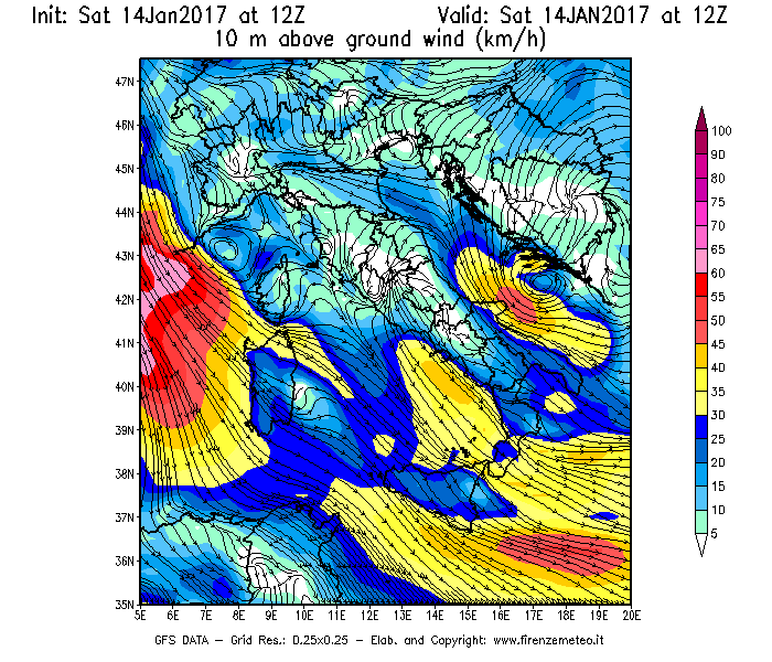 Mappa di analisi GFS - Velocità del vento a 10 metri dal suolo [km/h] in Italia
							del 14/01/2017 12 <!--googleoff: index-->UTC<!--googleon: index-->
