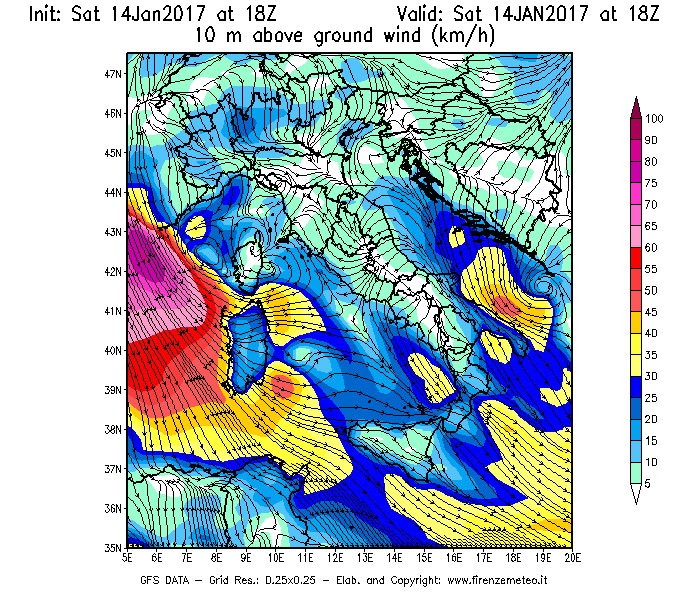 Mappa di analisi GFS - Velocità del vento a 10 metri dal suolo [km/h] in Italia
							del 14/01/2017 18 <!--googleoff: index-->UTC<!--googleon: index-->