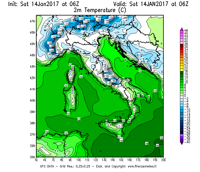 Mappa di analisi GFS - Temperatura a 2 metri dal suolo [°C] in Italia
							del 14/01/2017 06 <!--googleoff: index-->UTC<!--googleon: index-->