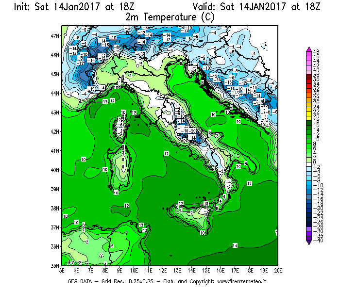 Mappa di analisi GFS - Temperatura a 2 metri dal suolo [°C] in Italia
									del 14/01/2017 18 <!--googleoff: index-->UTC<!--googleon: index-->