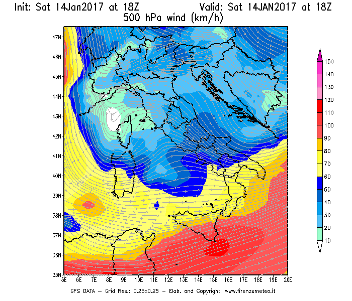 Mappa di analisi GFS - Velocità del vento a 500 hPa [km/h] in Italia
							del 14/01/2017 18 <!--googleoff: index-->UTC<!--googleon: index-->