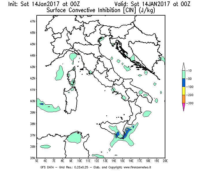 Mappa di analisi GFS - CIN [J/kg] in Italia
							del 14/01/2017 00 <!--googleoff: index-->UTC<!--googleon: index-->