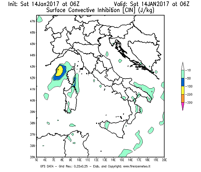 Mappa di analisi GFS - CIN [J/kg] in Italia
									del 14/01/2017 06 <!--googleoff: index-->UTC<!--googleon: index-->