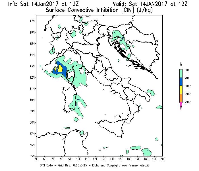 Mappa di analisi GFS - CIN [J/kg] in Italia
							del 14/01/2017 12 <!--googleoff: index-->UTC<!--googleon: index-->