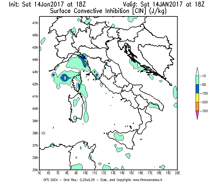 Mappa di analisi GFS - CIN [J/kg] in Italia
									del 14/01/2017 18 <!--googleoff: index-->UTC<!--googleon: index-->