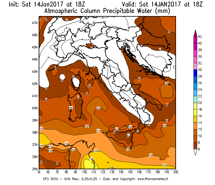 Mappa di analisi GFS - Precipitable Water [mm] in Italia
							del 14/01/2017 18 <!--googleoff: index-->UTC<!--googleon: index-->