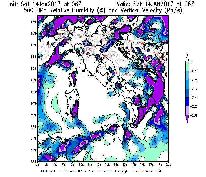 Mappa di analisi GFS - Umidità relativa [%] e Omega [Pa/s] a 500 hPa in Italia
							del 14/01/2017 06 <!--googleoff: index-->UTC<!--googleon: index-->