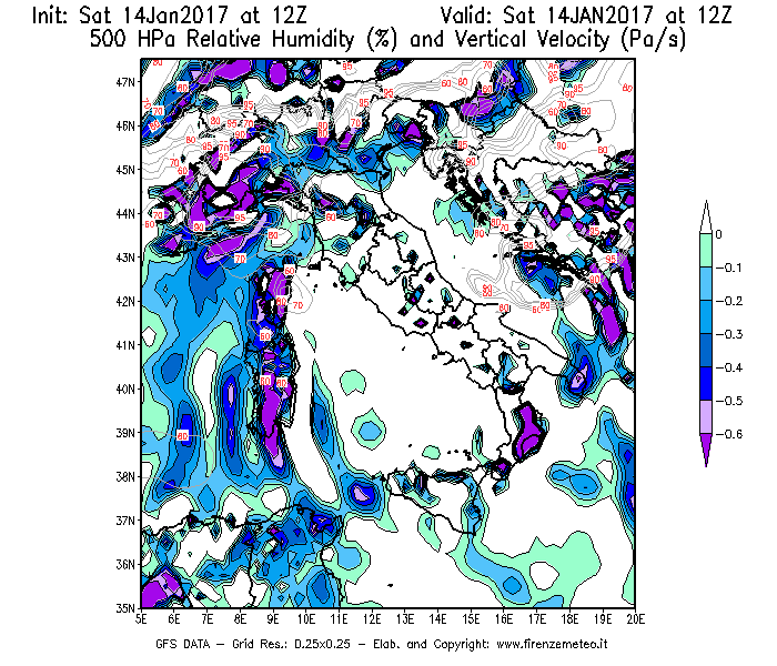 Mappa di analisi GFS - Umidità relativa [%] e Omega [Pa/s] a 500 hPa in Italia
									del 14/01/2017 12 <!--googleoff: index-->UTC<!--googleon: index-->