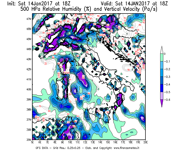 Mappa di analisi GFS - Umidità relativa [%] e Omega [Pa/s] a 500 hPa in Italia
									del 14/01/2017 18 <!--googleoff: index-->UTC<!--googleon: index-->