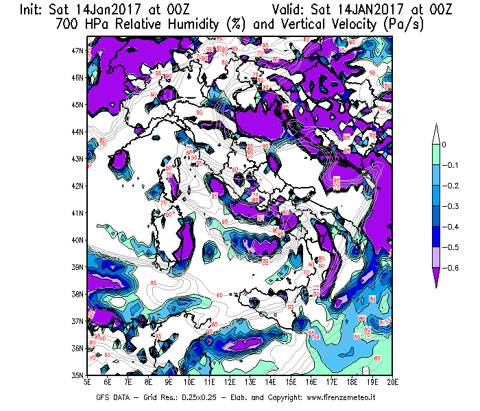 Mappa di analisi GFS - Umidità relativa [%] e Omega [Pa/s] a 700 hPa in Italia
									del 14/01/2017 00 <!--googleoff: index-->UTC<!--googleon: index-->