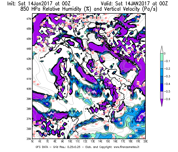 Mappa di analisi GFS - Umidità relativa [%] e Omega [Pa/s] a 850 hPa in Italia
									del 14/01/2017 00 <!--googleoff: index-->UTC<!--googleon: index-->