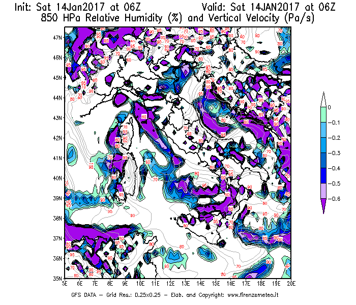 Mappa di analisi GFS - Umidità relativa [%] e Omega [Pa/s] a 850 hPa in Italia
									del 14/01/2017 06 <!--googleoff: index-->UTC<!--googleon: index-->
