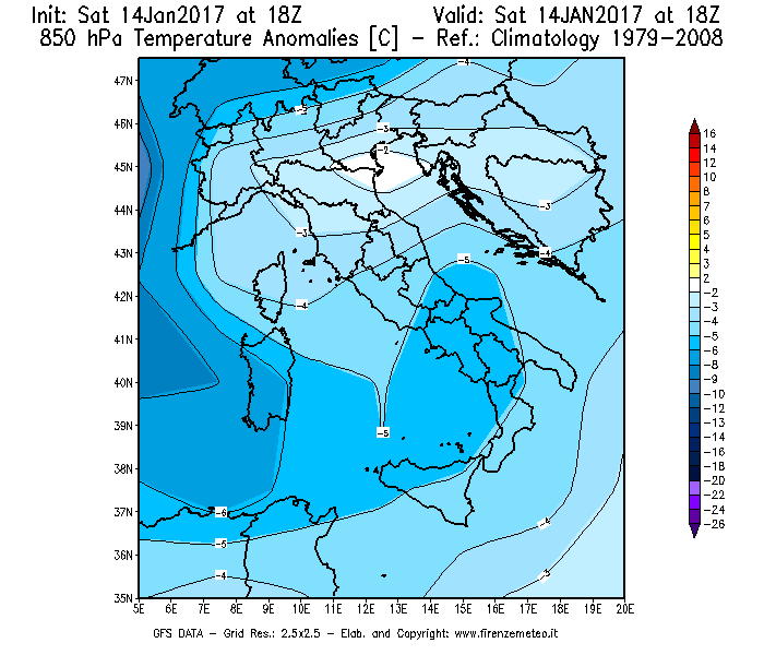 Mappa di analisi GFS - Anomalia Temperatura [°C] a 850 hPa in Italia
							del 14/01/2017 18 <!--googleoff: index-->UTC<!--googleon: index-->