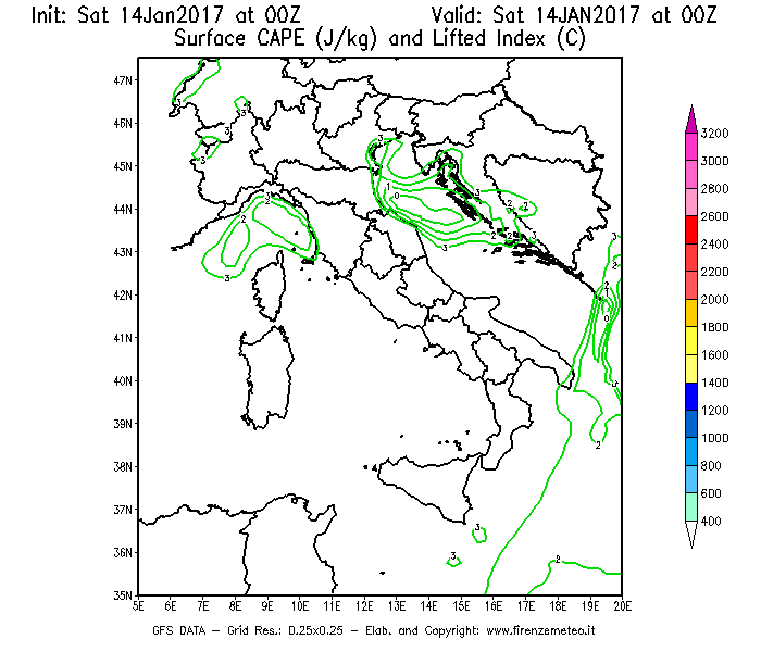 Mappa di analisi GFS - CAPE [J/kg] e Lifted Index [°C] in Italia
							del 14/01/2017 00 <!--googleoff: index-->UTC<!--googleon: index-->