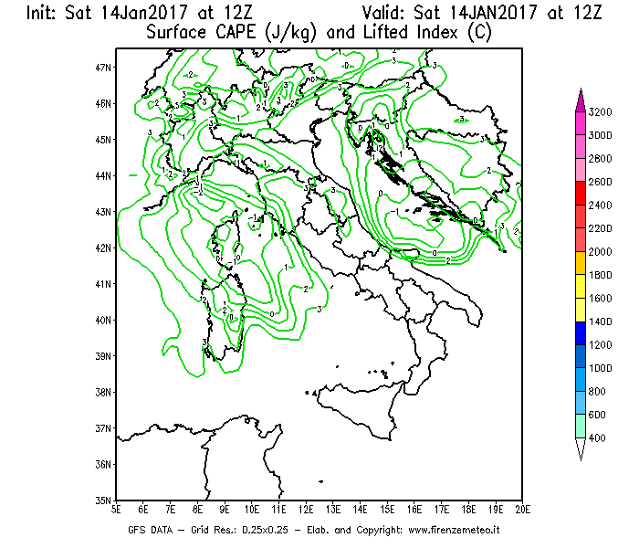 Mappa di analisi GFS - CAPE [J/kg] e Lifted Index [°C] in Italia
									del 14/01/2017 12 <!--googleoff: index-->UTC<!--googleon: index-->