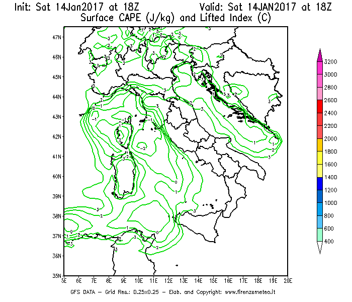 Mappa di analisi GFS - CAPE [J/kg] e Lifted Index [°C] in Italia
							del 14/01/2017 18 <!--googleoff: index-->UTC<!--googleon: index-->