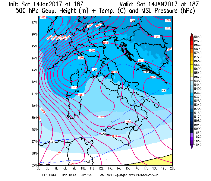 Mappa di analisi GFS - Geopotenziale [m] + Temp. [°C] a 500 hPa + Press. a livello del mare [hPa] in Italia
									del 14/01/2017 18 <!--googleoff: index-->UTC<!--googleon: index-->