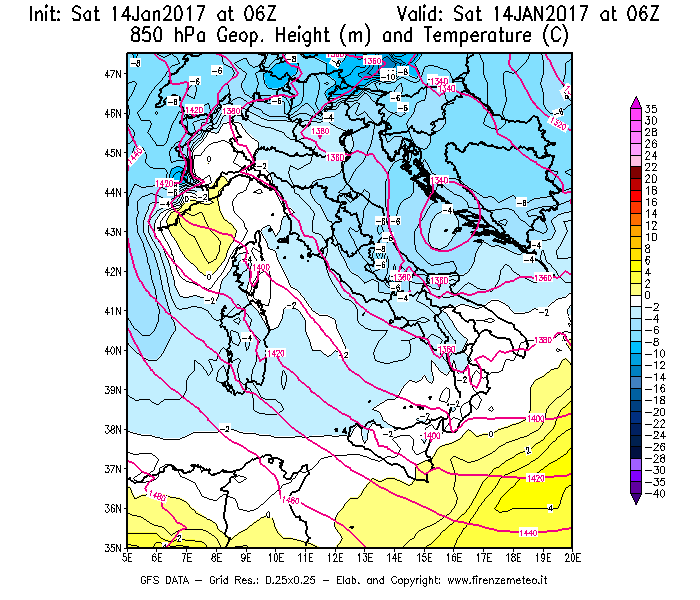 Mappa di analisi GFS - Geopotenziale [m] e Temperatura [°C] a 850 hPa in Italia
									del 14/01/2017 06 <!--googleoff: index-->UTC<!--googleon: index-->