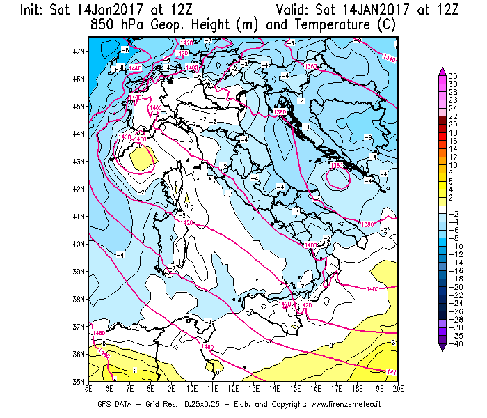 Mappa di analisi GFS - Geopotenziale [m] e Temperatura [°C] a 850 hPa in Italia
							del 14/01/2017 12 <!--googleoff: index-->UTC<!--googleon: index-->