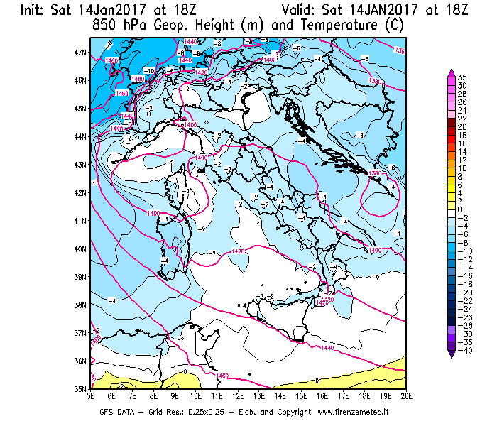 Mappa di analisi GFS - Geopotenziale [m] e Temperatura [°C] a 850 hPa in Italia
									del 14/01/2017 18 <!--googleoff: index-->UTC<!--googleon: index-->
