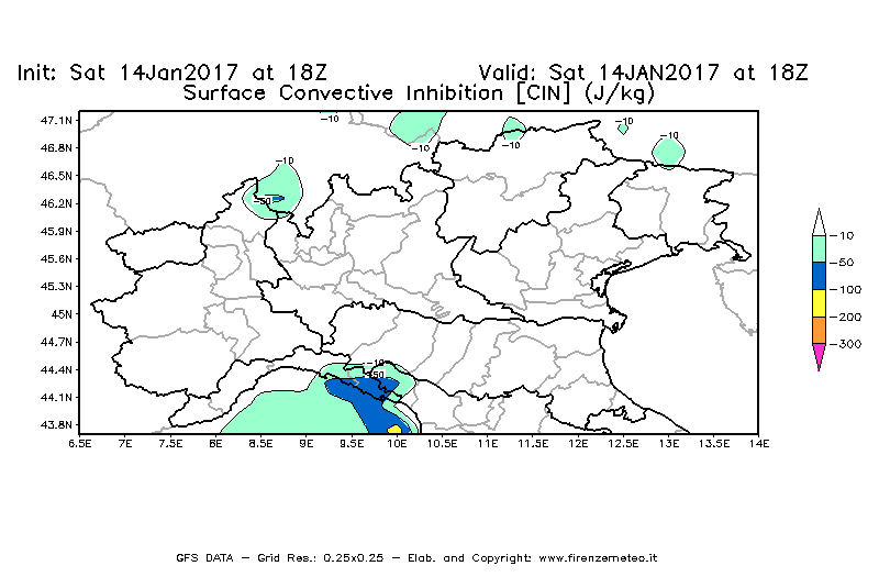 Mappa di analisi GFS - CIN [J/kg] in Nord-Italia
									del 14/01/2017 18 <!--googleoff: index-->UTC<!--googleon: index-->
