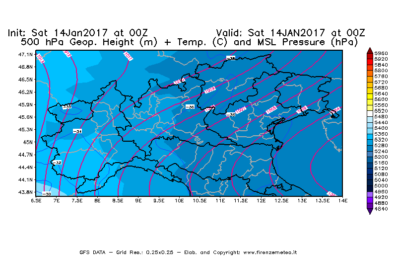 Mappa di analisi GFS - Geopotenziale [m] + Temp. [°C] a 500 hPa + Press. a livello del mare [hPa] in Nord-Italia
							del 14/01/2017 00 <!--googleoff: index-->UTC<!--googleon: index-->