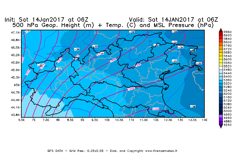 Mappa di analisi GFS - Geopotenziale [m] + Temp. [°C] a 500 hPa + Press. a livello del mare [hPa] in Nord-Italia
									del 14/01/2017 06 <!--googleoff: index-->UTC<!--googleon: index-->