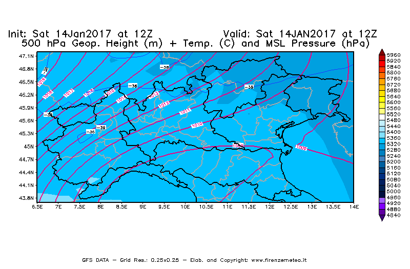 Mappa di analisi GFS - Geopotenziale [m] + Temp. [°C] a 500 hPa + Press. a livello del mare [hPa] in Nord-Italia
							del 14/01/2017 12 <!--googleoff: index-->UTC<!--googleon: index-->