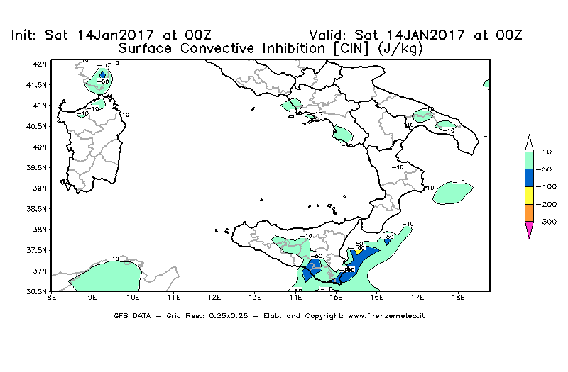 Mappa di analisi GFS - CIN [J/kg] in Sud-Italia
									del 14/01/2017 00 <!--googleoff: index-->UTC<!--googleon: index-->