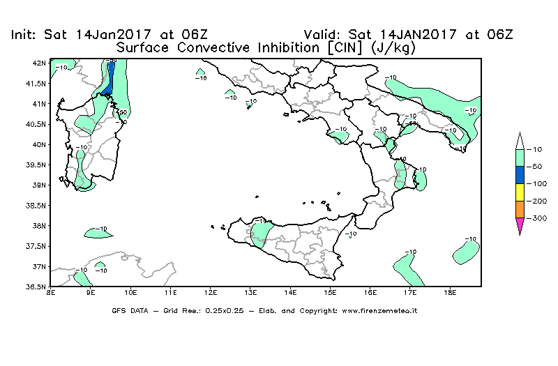 Mappa di analisi GFS - CIN [J/kg] in Sud-Italia
									del 14/01/2017 06 <!--googleoff: index-->UTC<!--googleon: index-->