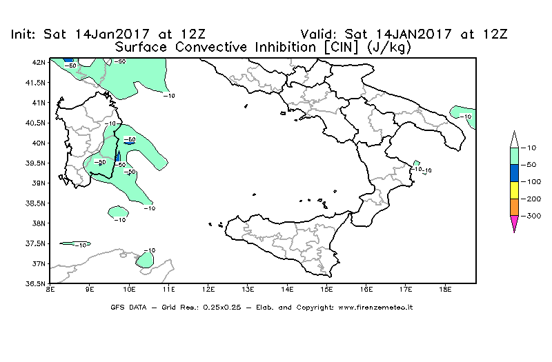 Mappa di analisi GFS - CIN [J/kg] in Sud-Italia
							del 14/01/2017 12 <!--googleoff: index-->UTC<!--googleon: index-->
