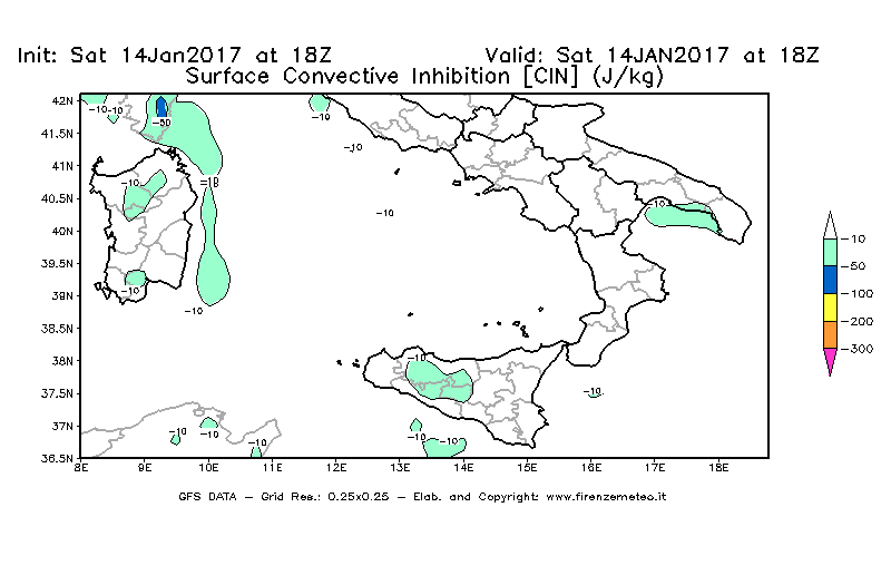 Mappa di analisi GFS - CIN [J/kg] in Sud-Italia
									del 14/01/2017 18 <!--googleoff: index-->UTC<!--googleon: index-->