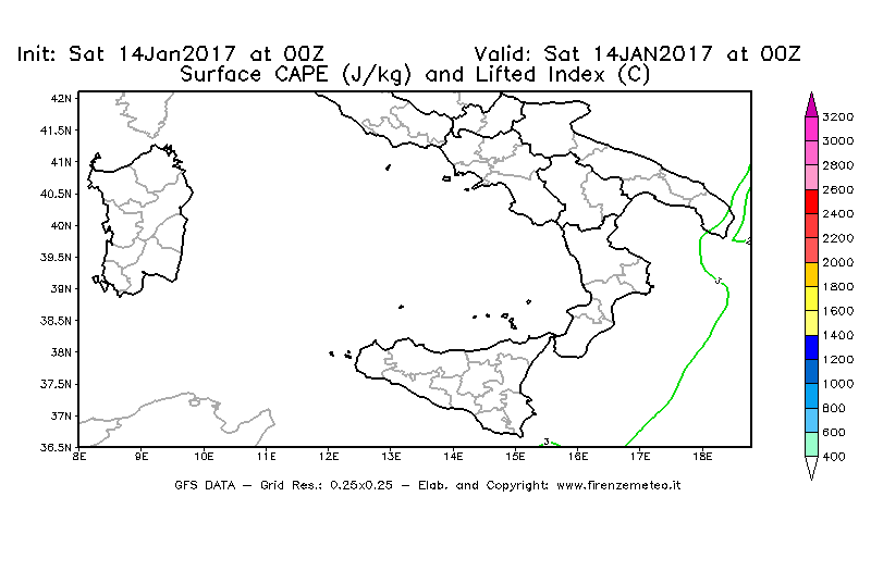 Mappa di analisi GFS - CAPE [J/kg] e Lifted Index [°C] in Sud-Italia
							del 14/01/2017 00 <!--googleoff: index-->UTC<!--googleon: index-->